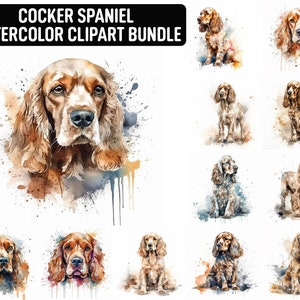 Watercolor Cocker Spaniel Clipart, 12 High Quality JPGs, Dog Clipart, Card Making, Digital Paper Craft, Digital Download for Commercial use