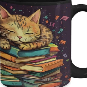 Cat Sleeping on Books Ceramic Mug | Gift for the Feline Loving Bookworm | Catcore Crazy Cat Lady Librarian | Cat Mom, Cat Dad or Student