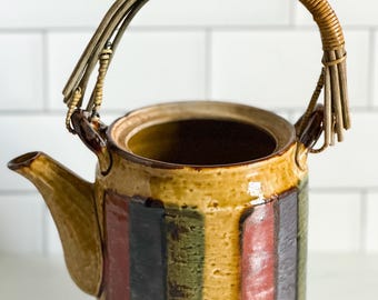 Vintage Otagiri Ceramic Teapot Earth Tone Striped Pattern Boho Farmhouse Japan