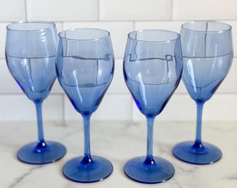 Set mit 4 Vintage-Weingläsern in Kobaltblau, tropfenförmig, 16,5 cm hoch