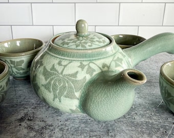 Vintage Korean Celadon 6 Piece Tea Set - light green crackle glaze finish