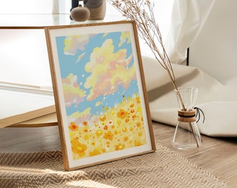 Flower Fields, Flower Print, Art Print Landscape Art, Office Wall Art, Floral Art, Landscape Illustration