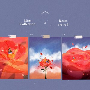 Rose rouge, Ensemble de 3 estampes, imprimés floraux, petits tirages, illustrations, fleurs, art coréen, A6 , anniversaire, cadeau