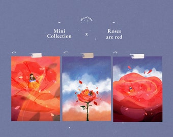 Red Rose, Set of 3 prints, floral prints, small prints, illustrations, flowers, Korean art, A6 , birthday, gift