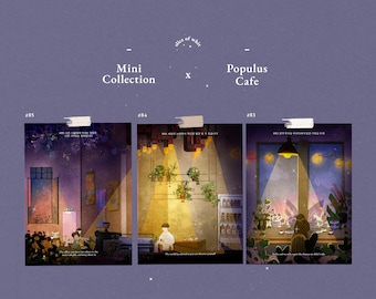 Populus Cafe, Cafe Illustration, Set of 3 prints, Cafe prints, small prints, illustrations, flowers, Korean art, A6 , postcard, birthday