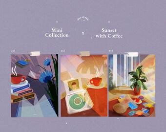 Sunset, Set of 3 prints, floral prints, small prints, illustrations, evening, Korean, A6 , birthday, gift