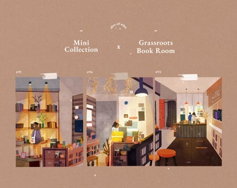 Book Store Art Print, Grassroots Book Room, Singapore Cafe, Set of 3 prints, small prints, illustrations, books, singapore , birthday, gift