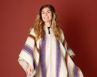 Hand Woven Warm Soft Woolen Hooded Ecuadorian Ponchos Ethically Made Perfect for Cold Nights Festival Camping. Winter White & Cream