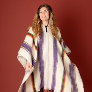 Hand Woven Warm Soft Woolen Hooded Ecuadorian Ponchos Ethically Made Perfect for Cold Nights Festival Camping. Winter White & Cream