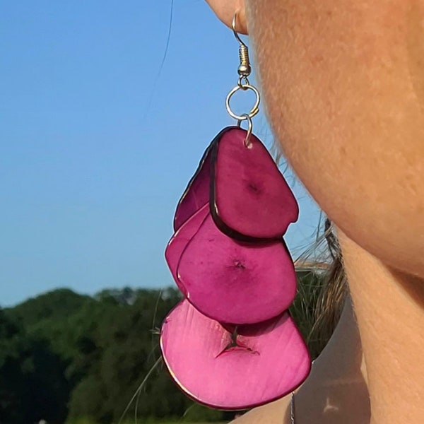 Handcrafted and hand dyed Tagua natural nut earrings from Ecuador