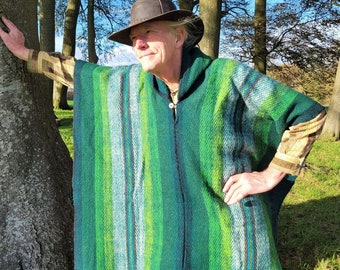 Hand Woven Warm Soft Woolen Hooded Ecuadorian Ponchos Ethically Made Perfect for Cold Nights Festival Camping. Woodland Colours