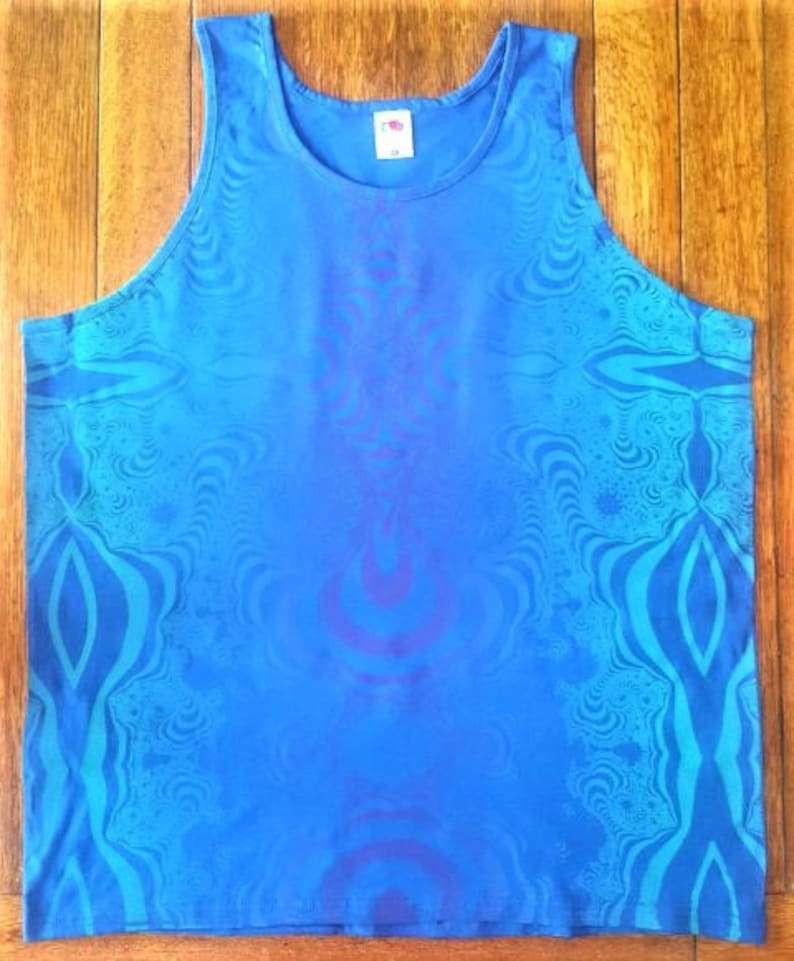 May include: A blue sleeveless shirt with a psychedelic pattern. The pattern is a swirling mix of blue, purple, and white.