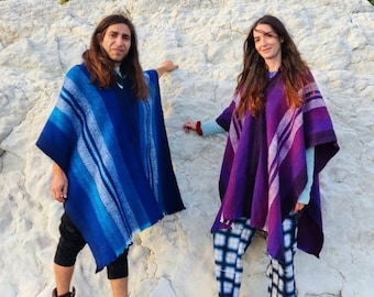 Hand Woven Warm Soft Woolen Hooded Ecuadorian Ponchos Ethically Made Perfect for Cold Nights Festival Camping. Blue Purple Turquoise Tones