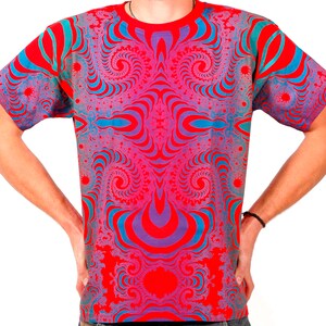 May include: A red t-shirt with a blue and purple psychedelic pattern. The pattern is a repeating design of swirls and curves.