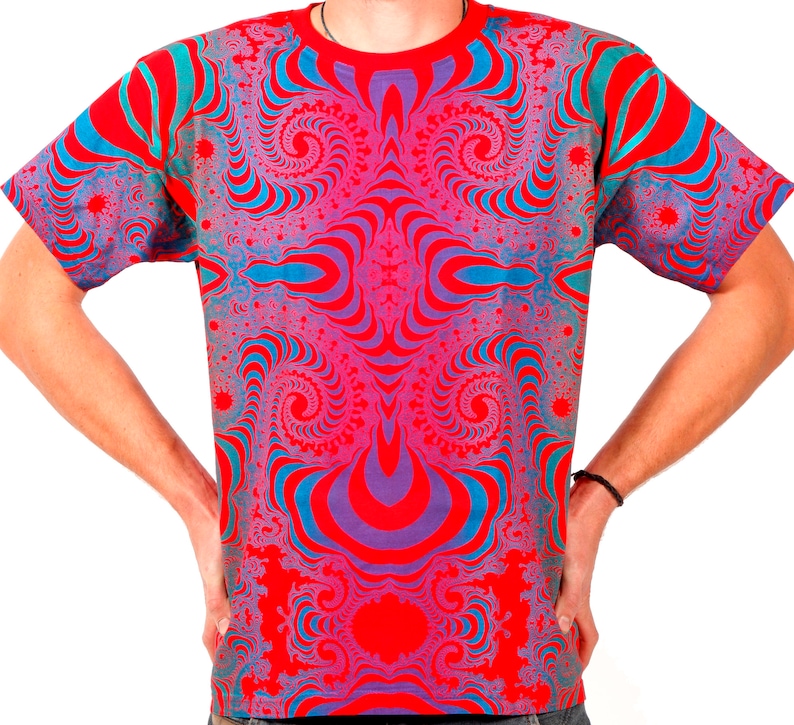 May include: A red t-shirt with a blue and purple psychedelic pattern. The pattern is a repeating design of swirls and curves.