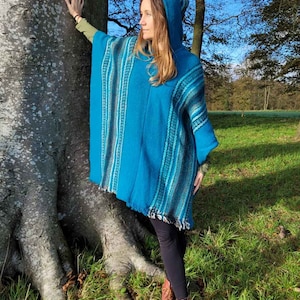 Hand Woven Warm Soft Woolen Hooded Ecuadorian Ponchos Ethically Made Perfect for Cold Nights Festival Camping. Blue Purple Turquoise Tones