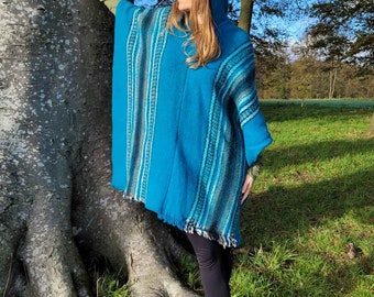 Hand Woven Warm Soft Woolen Hooded Ecuadorian Ponchos Ethically Made Perfect for Cold Nights Festival Camping. Blue Purple Turquoise Tones