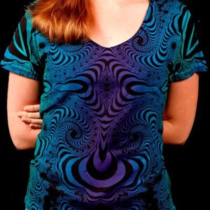 May include: A blue and purple t-shirt with a swirling, psychedelic pattern.