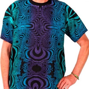 May include: A blue and purple t-shirt with a swirling, psychedelic pattern.