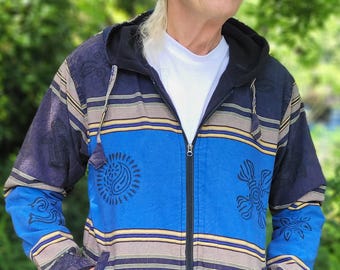Mens and Womens fleece lined stonewashed jacket with pockets, zip and hood.