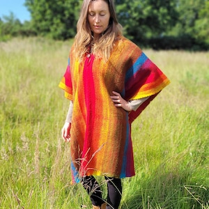 Hand Woven Warm Soft Woolen Hooded Ecuadorian Ponchos Ethically Made Perfect for Cold Nights Festival Camping. Bright and Colourful Tones