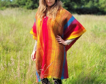 Hand Woven Warm Soft Woolen Hooded Ecuadorian Ponchos Ethically Made Perfect for Cold Nights Festival Camping. Bright and Colourful Tones