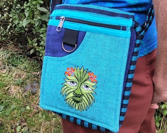 Torba na ramię z płótna bawełnianego z kieszeniami na suwak, regulowanym paskiem i celtyckim emblematem, hipisowska torba boho w stylu nepalskim