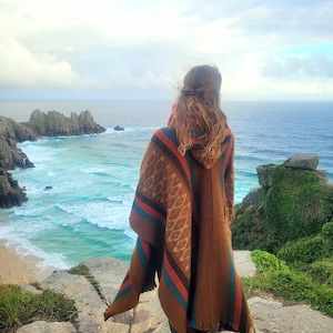 Hand Woven Warm Soft Woolen Hooded Ecuadorian Ponchos Ethically Made Perfect for Cold Nights Festival Camping. Earth Tones