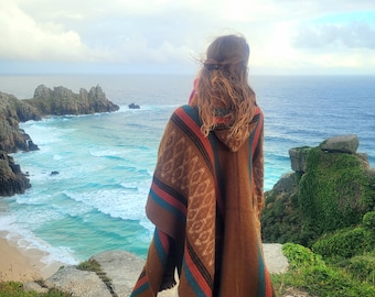 Hand Woven Warm Soft Woolen Hooded Ecuadorian Ponchos Ethically Made Perfect for Cold Nights Festival Camping. Earth Tones