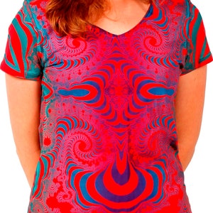 May include: A red and blue t-shirt with a swirling, psychedelic pattern.