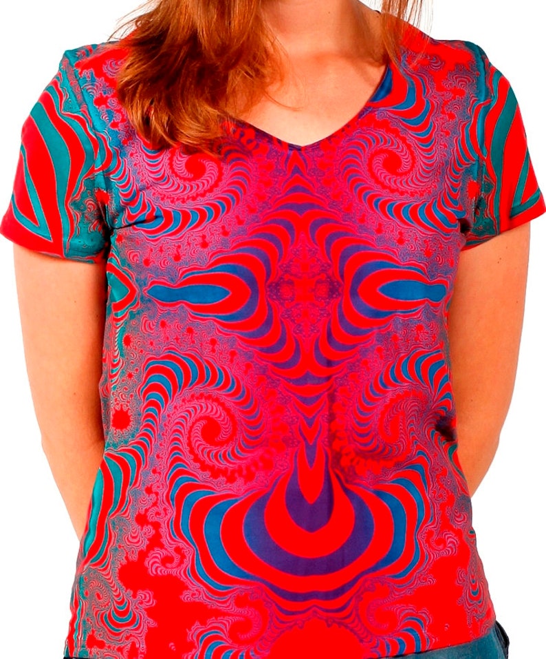 May include: A red and blue t-shirt with a swirling, psychedelic pattern.