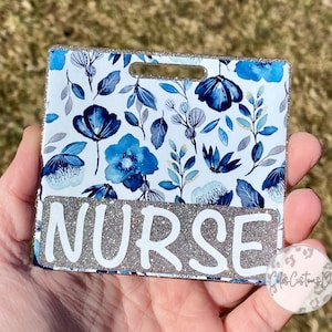 Blue Floral Badge Buddy, Glittered Badge Buddy, Vertical Badge Buddy, Horizontal Badge Buddy, Id Holder, Nurse Gift, Spring Badge Buddy