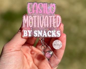 Easily Motivated by Snacks Badge Reel, Funny Badge Reel, Nurse Badge Reel, Tech Badge Reel, ID Holder, CNA Badge Reel