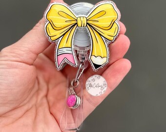 Pencil Bow Badge Reel, Rainbow Pencil Badge Reel, Teacher Badge Reel, Teacher Appreciation Gift, Teacher Gift, Gift for Teacher, ID Holder