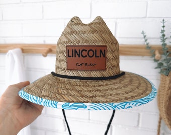 Personalized Straw Sun Hat: Faux Leather Name Patch, Baby Toddler Child