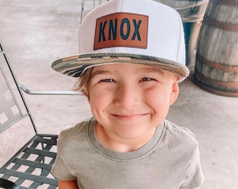 Leather Patch Hat, Personalized, Flat Bill, Custom Infant Toddler Kids Youth Snapback Hat, Child Cap