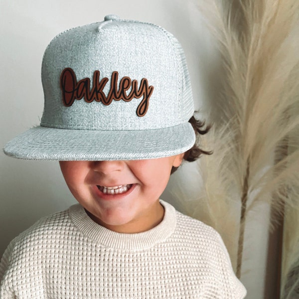 Leather Patch Hat, Personalized, Flat Bill, Custom Infant Toddler Kids Youth Snapback Hat, Child Cap, Trucker Mesh Back Hat