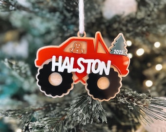 Personalized Boy's Christmas Ornament, Monster Truck, Construction Truck, Excavator, Dump Truck