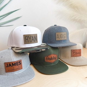 Leather Patch Hat, Personalized, Flat Bill, Custom Infant Toddler Kids Youth Snapback Hat, Child Cap