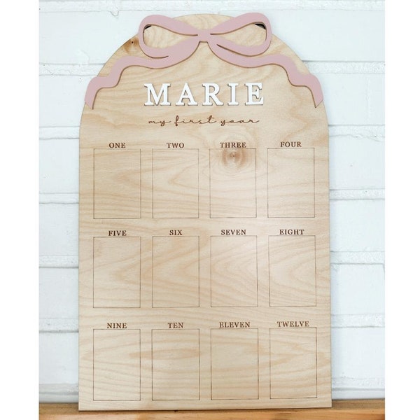 Bow One Year Photo Board, First Birthday Decor, Baby Picture Frame Personalized First Birthday Photo Board: Monthly Milestone Photo Frame