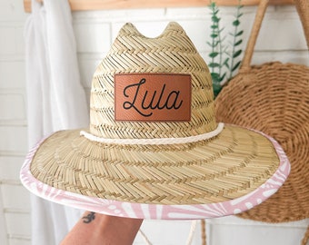 Personalized Straw Sun Hat with Faux Leather Name Patch