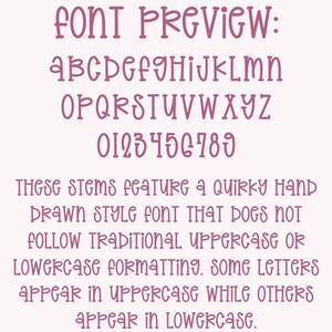 K&ouml;nnte beinhalten: Eine rosafarbene Schriftvorschau mit dem Text "FONT PREVIEW:" gefolgt vom Alphabet und Zahlen. Der Text darunter beschreibt die Schriftart als einen skurrilen, handgezeichneten Stil, der nicht der traditionellen Gro&szlig;- oder Kleinschreibung folgt.