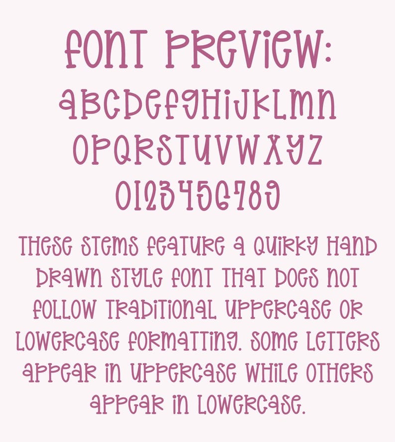 K&ouml;nnte beinhalten: Eine rosafarbene Schriftvorschau mit dem Text "FONT PREVIEW:" gefolgt vom Alphabet und Zahlen. Der Text darunter beschreibt die Schriftart als einen skurrilen, handgezeichneten Stil, der nicht der traditionellen Gro&szlig;- oder Kleinschreibung folgt.