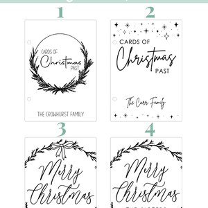 Pu&ograve; includere: Quattro diverse opzioni di design per biglietti di Natale. I primi due design presentano il testo "Cards of Christmas Past" con una ghirlanda di rami di pino. Il terzo e il quarto design presentano il testo "Merry Christmas" con una ghirlanda di rami di pino. Il primo design ha il testo "The Crowhurst Family" sotto la ghirlanda. Il secondo design ha il testo "The Carr Family" sotto la ghirlanda. Il terzo e il quarto design hanno il testo "The Carters" sotto la ghirlanda.