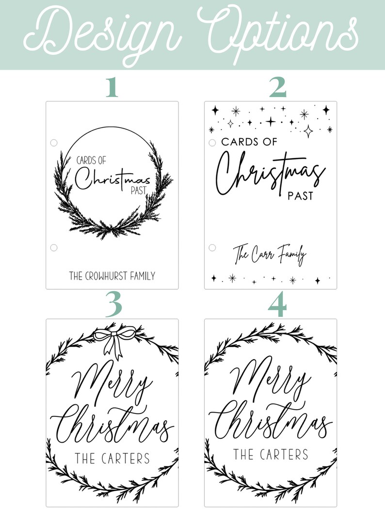Pu&ograve; includere: Quattro diverse opzioni di design per biglietti di Natale. I primi due design presentano il testo "Cards of Christmas Past" con una ghirlanda di rami di pino. Il terzo e il quarto design presentano il testo "Merry Christmas" con una ghirlanda di rami di pino. Il primo design ha il testo "The Crowhurst Family" sotto la ghirlanda. Il secondo design ha il testo "The Carr Family" sotto la ghirlanda. Il terzo e il quarto design hanno il testo "The Carters" sotto la ghirlanda.