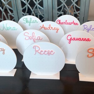 May include: Ten white circular earring display stands with different names written in colourful 3D lettering. The names are: Brooke, Whitley, Nora, Skylar, Sofia, Reese, Audrey, Charlee Ann, Gavanna, Ryleigh, and Stella.