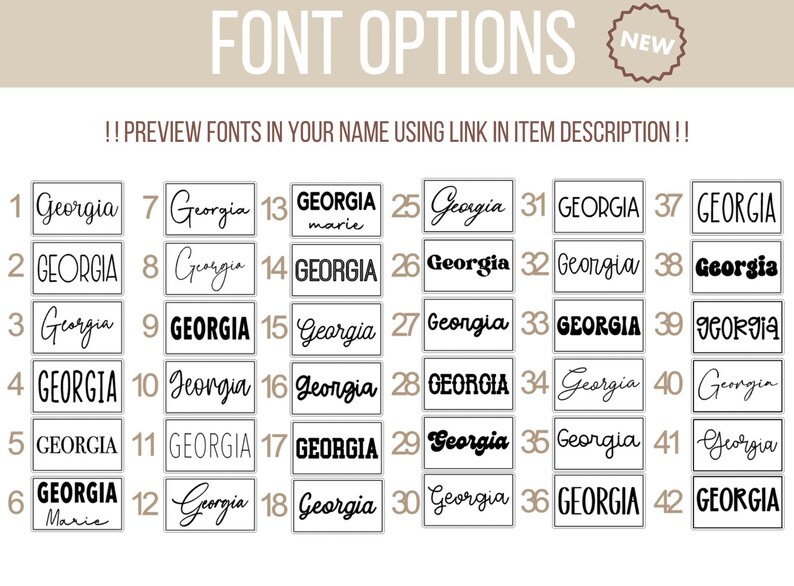 May include: A chart displaying 42 different font options for the name "Georgia". The fonts are shown in a grid with numbers 1 to 42 labelling each font.
