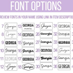 May include: A chart of 42 different font styles for the name "Georgia". The fonts are displayed in white text on a light purple background. The chart is labeled "FONT OPTIONS" and "NEW".
