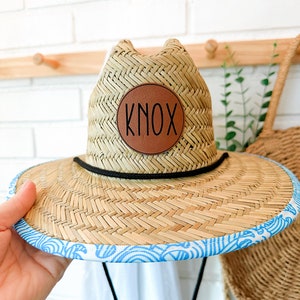Faux Leather Name Patch Baby Hat Toddler Child Adult, Straw Hat, Baby Sun Hat, Toddler Sun Hat, Personalized Sun Hat, Matching Hat image 3
