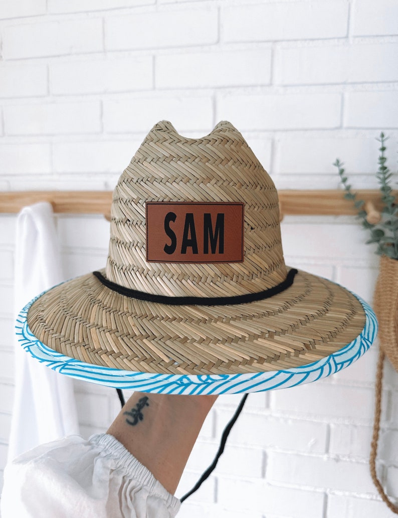 Faux Leather Name Patch Baby Hat Toddler Child Adult, Straw Hat, Baby Sun Hat, Toddler Sun Hat, Personalized Sun Hat, Matching Hat image 5